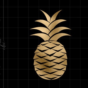 May include: A gold pineapple silhouette against a black background. The pineapple has a textured, metallic appearance.