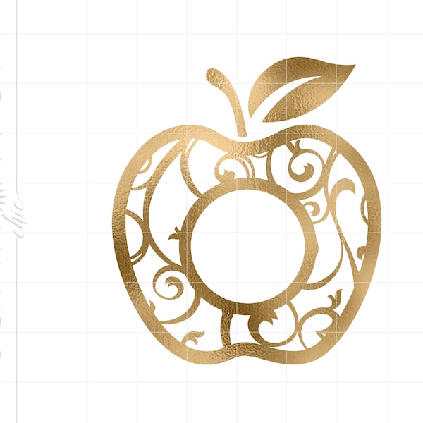 Gold Apple Monogram Png Svg Downloads | Gold Foil Filigree Apple Cricut Cut Files Download | Gold Apple Clip Art SC1274GF