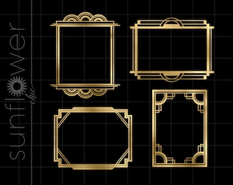 Peut inclure: Quatre cadres dorés avec des motifs Art Déco différents. Les cadres sont sur un fond noir.