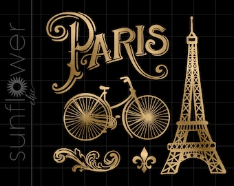 Può includere: Design grafico color oro con la parola "Parigi" in un font stilizzato, una bicicletta, la Torre Eiffel e un giglio.