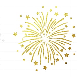 May include: Gold glitter firework design with a burst of rays and small stars surrounding the center.