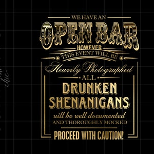 Goud Vintage Open Bar Shenanigans Png Svg Downloads | Gold Foil Open Bar Sign Cricut Cut Bestanden Download | Goud Open Bar Art SCV16GF