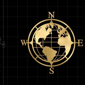 Pode incluir: Bússola de metal dourado com design de globo. A bússola aponta para norte, sul, leste e oeste.