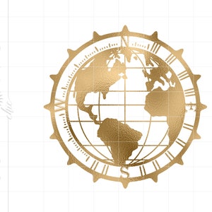 May include: A gold-colored compass with a globe design and Roman numeral markings. The compass is surrounded by a decorative border.