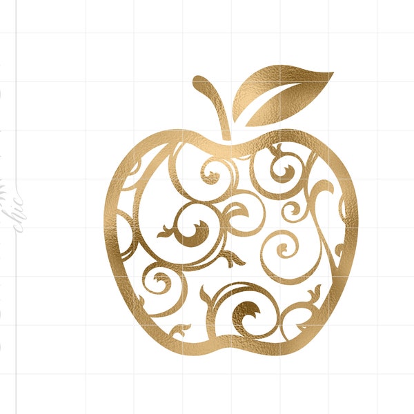 Gold Apple Png Svg Downloads | Gold Foil Filigree Apple Cricut Cut Files Download | Gold Apple Clip Art SC862GF