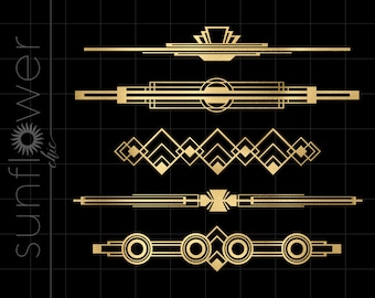 Peut inclure: Cinq séparateurs géométriques dorés dans un style art déco. Les séparateurs sont composés de lignes, de cercles et de carrés.