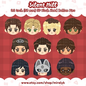 Puede incluir: Una colección de nueve pines de botón de cabeza de peluche 3D de Silent Hill de 58 mm con varios rostros de personajes. Los pines muestran diversos peinados, expresiones faciales y accesorios, incluido un personaje con máscara de zorro.