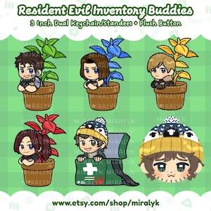May include: Six Resident Evil Inventory Buddies items including 3-inch dual keychain standees and a plush button. Characters are depicted in potted plants or a green medical case, with one character wearing a yellow and blue patterned beanie hat.