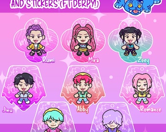 KPOP Demon Hunters / KPDH HUNTR/X, Saja Boys, and Derpy Tiger - 2" Gradient Keychain Charms and 2.5" Stickers