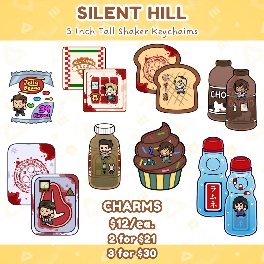 silent-hill-snacks-acrylic-shaker-charms-all-mainline-protagonists-etsy