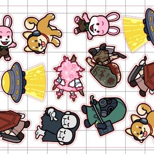 May include: A set of 10 colorful cartoon stickers featuring characters from the popular video game Dead by Daylight. The stickers include a pink bunny, a dog with headphones, a creature with a pyramid head, a creature with a hook, a creature with a gas mask, a creature with a chainsaw, and a creature with a pink flower. The stickers are perfect for adding a touch of fun to your laptop, water bottle, or phone.