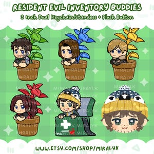 May include: Resident Evil Inventory Buddies 3 inch dual keychain standees and plush button featuring chibi characters in potted plants and a medical case. The set includes five figures in brown pots with green, blue, yellow, and red plants, plus one plush button.