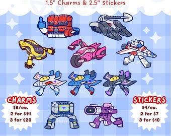 Transformers Alt-Mode Antics - 1.5" Keychains & 3" Vinyl Matte Stickers