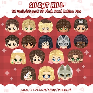 以下が含まれることがあります： Silent Hillのキャラクターデザインをあしらった58mmの3Dぬいぐるみヘッドボタンピンのコレクション。ピンには、マスクやメガネなどのアクセサリーを身につけた様々な髪型や表情のキャラクターが描かれており、赤い背景に配置されています。