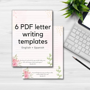 Könnte beinhalten: Zwei linierte PDF-Briefvorlagen mit floralen und goldenen Akzenten. Der Text lautet "6 PDF-Briefvorlagen Englisch + Spanisch". Die Vorlagen enthalten inspirierende Zitate auf Englisch und Spanisch.