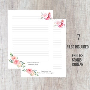JW Letter Writing Stationery, Instant Digital Download, Watercolor Flowers (English, Spanish, Korean)