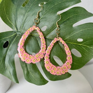 Pink flower smiley face resin earrings | handmade | lightweight | statement earrings