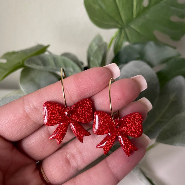 Red glitter bow hoops | Christmas | POLYMER CLAY EARRINGS | handmade | lightweight | statement earrings | hypoallergenic