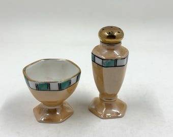 Vintage Japanese Lusterware Art Deco style Salt and Pepper shaker and cup