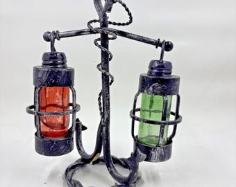Vintage Iron and Glass Hanging Lanterns on Boat Anchor Salt Pepper Shaker Set