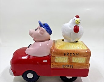 Vintage Clay Art  Pig Driving Truck with Chicken Nodding Shaker Set 1994