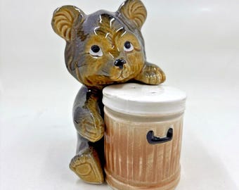 Vintage Ceramic Black Bear with Trash Can Salt and Pepper Shakers made in Japan