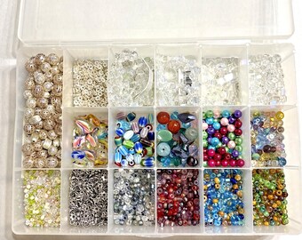 Multicolor Glass & Plastic Beads, Charms, Crystals, Pendant, Chain Mixed Lot Box