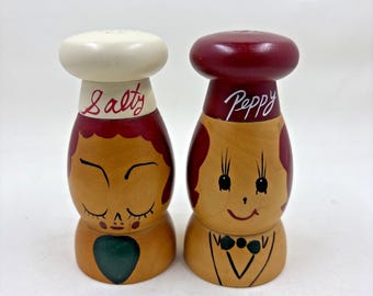 Vintage Salty and Peppy Shakers Painted Wood Chef Fun Retro Whimsy