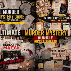 May include: A collection of murder mystery game printables, including case files, character maps, and suspect statements. The bundle includes four different case files, with titles like "Murder Mystery Game" and "Rosekiller Serial Killer Game". The games are designed to be printed at home.
