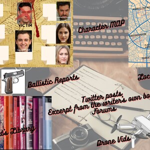 May include: A collage of elements related to a crime investigation. Includes a character map, local map, ballistic reports, and a suspect's library. Also features a typewriter, notebook, camera, drone, and text reading "Twitter posts, Excerpt from the writer's own book, Forums, Drone Vids."
