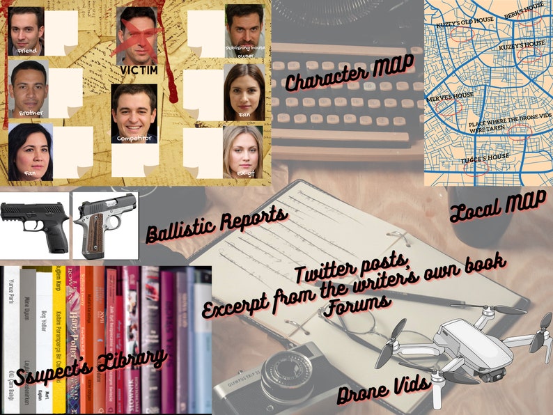 May include: A collage of elements related to a crime investigation. Includes a character map, local map, ballistic reports, and a suspect's library. Also features a typewriter, notebook, camera, drone, and text reading "Twitter posts, Excerpt from the writer's own book, Forums, Drone Vids."