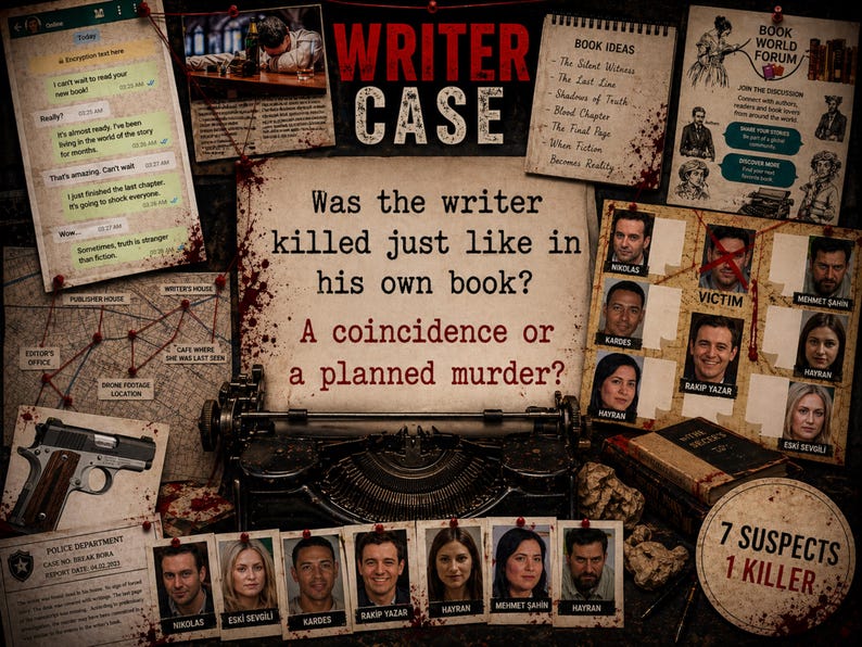 May include: A crime scene-themed graphic with the title "Writer Case." The image includes a typewriter, a handgun, suspect photos, and text that reads "Was the writer killed just like in his own book?" and "7 Suspects 1 Killer."