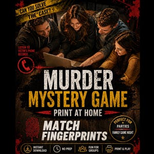 Puede incluir: Imagen promocional de un juego de misterio. Muestra a un grupo de personas alrededor de una computadora port&aacute;til, con texto que dice "MURDER MYSTERY GAME" y "MATCH FINGERPRINTS". Tambi&eacute;n incluye "IMPRIME EN CASA" y "DIVERSI&Oacute;N PARA GRUPOS".