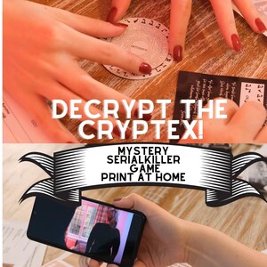 Peut inclure: Image d'un jeu de myst&egrave;re avec le texte "DECRYPT THE CRYPTEX!" et "FIND THE KILLER!". Le jeu comprend un puzzle circulaire et un smartphone affichant une sc&egrave;ne. Le texte "MYSTERY SERIALKILLER GAME PRINT AT HOME" est &eacute;galement visible.