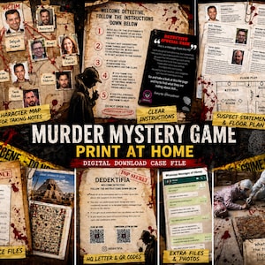 Puede incluir: Un juego de misterio de asesinato para imprimir en casa, con mapas de personajes, declaraciones de sospechosos y archivos de pruebas. El diseño incluye cinta de escena del crimen y el título del juego.
