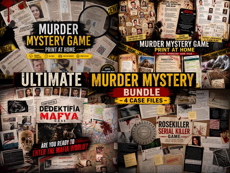May include: A collection of murder mystery game printables, including case files, character maps, and suspect statements. The bundle includes four different case files, with titles like "Murder Mystery Game" and "Rosekiller Serial Killer Game". The games are designed to be printed at home.