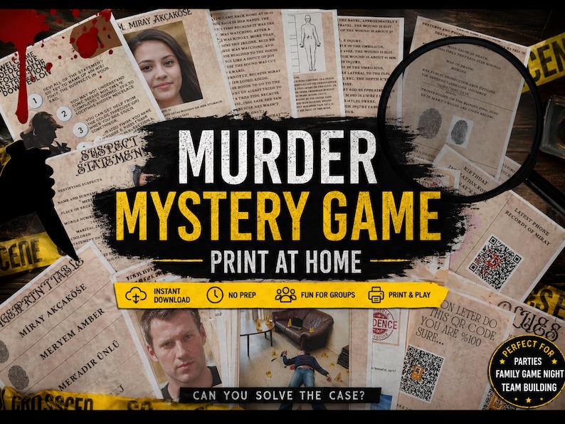 Puede incluir: Un juego de misterio de asesinato con el texto "Murder Mystery Game Print at Home". La imagen presenta evidencia de la escena del crimen, fotos de sospechosos y una lupa. Incluye las frases "Descarga instant&aacute;nea", "Sin preparaci&oacute;n" y "Divertido para grupos".