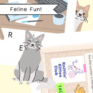 May include: A gray and white cat with a happy expression sits on a light yellow surface. The cat has a long, white tail. The cat is surrounded by a variety of objects, including a wooden table, a cup of coffee, a keyboard, and a corkboard with a sign that reads "Knittin' Kitten Club".