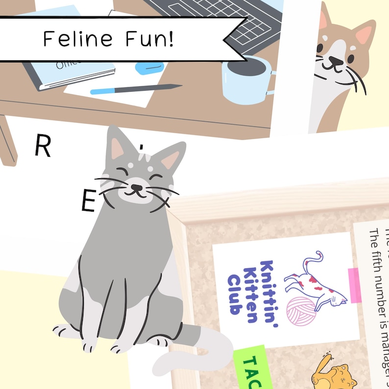 May include: A gray and white cat with a happy expression sits on a light yellow surface. The cat has a long, white tail. The cat is surrounded by a variety of objects, including a wooden table, a cup of coffee, a keyboard, and a corkboard with a sign that reads "Knittin' Kitten Club".