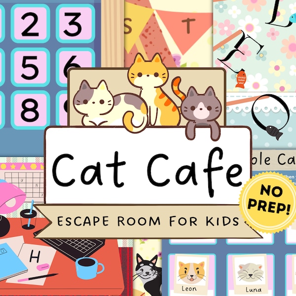 Cat Escape Game pour enfants | Kit de bricolage de jeu de salle d'évasion imprimable Cat Cafe | Kit de salle d'évasion pour enfants | Salle d'évasion bricolage | Jeux de société imprimables