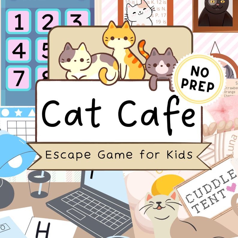 May include: A printable escape room game for kids featuring a cat cafe theme. The game includes a number pad, a laptop, a cat cuddle tent, and several cartoon cats. The text "Cat Cafe Escape Game for Kids" is displayed on the game board.