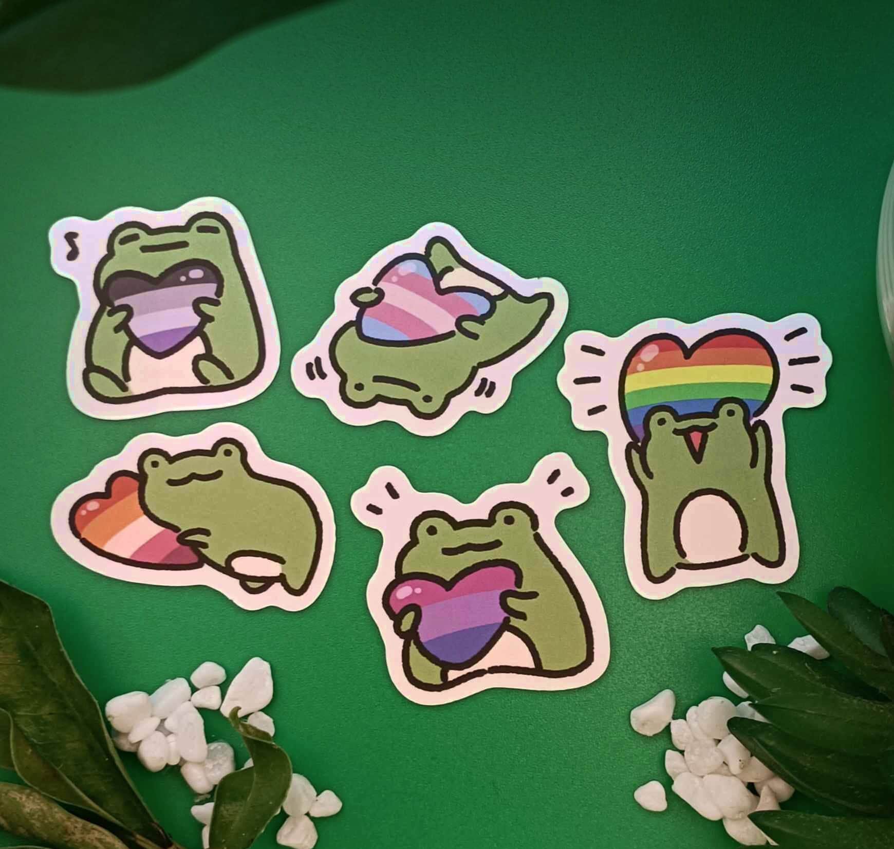 Gay Frog Stickers | LGBTQ | Pride Flag Hearts Frog Stickers | Lesbian Gay Bi Trans Asexual