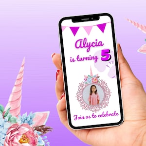 Digital Birthday Invitation | Kids Birthday Invite | Unicorn Birthday | Party video evite for Girls | With photo | Invitation Template