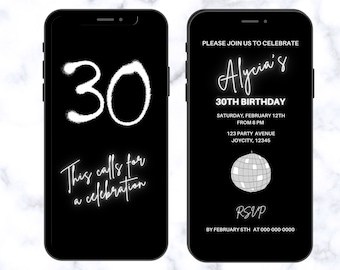 Editable 30th Birthday Invitation Template | Digital Birthday Party Invite | Neon Black and white Animated Evite |  DIY Canva Template