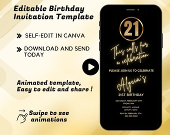 Electronic 21ST Birthday invitation  for her or him |  21st Digital Birthday Party Invite | Black and Gold Evite | Animated Text Invitation