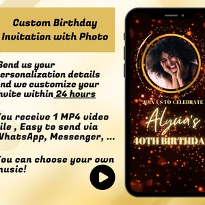Photo Birthday Party Invite for women | Adult Birthday Invitation Video  | Electronic Birthday Invitation | Black and Gold Invite  |ANY AGE