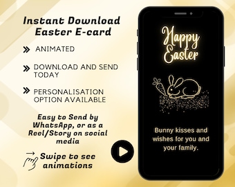 Electronic Happy Easter Card  | Digital Easter Greeting Card | Animated E-Card For WhatsApp or Social Media | Black and Gold Easter Bunny