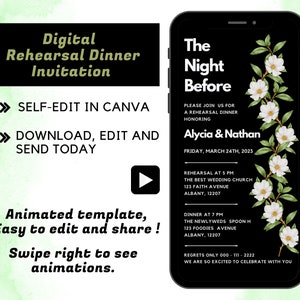 Digital Rehearsal Dinner Invitation Template | Floral Wedding Rehearsal Evite |Animated Dinner Invite |The night before | Modern Minimalist