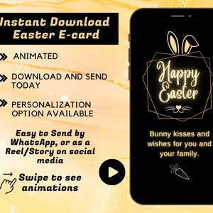 Carte électronique Joyeuses Pâques | Carte de voeux de Pâques numérique | E-Carte animée pour WhatsApp ou les réseaux sociaux | Lapin de Pâques noir et or