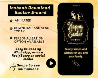 Electronic Happy Easter Card  | Digital Easter Greeting Card | Animated E-Card For WhatsApp or Social Media | Black and Gold Easter Bunny